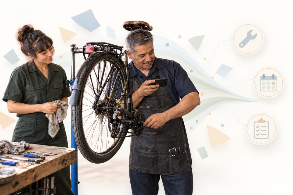 Two bicycle workshop colleagues checking a bicycle and recording service details, with illustrated symbols for related records.