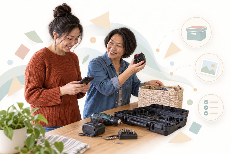 Two women checking a drill kit and recording its contents on a phone, with illustrated symbols for related records.