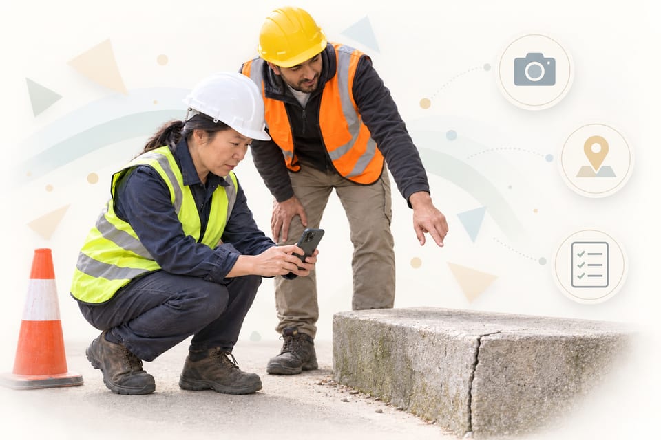 Two inspectors in hard hats and reflective vests documenting a cracked concrete step, with illustrated symbols for related records.