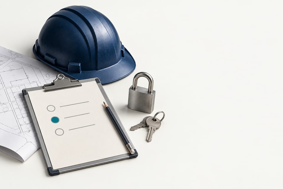 An indigo hard hat, survey clipboard, padlock and site keys.